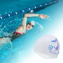 Unique Bargains Silicone Mermaid Tail Pattern Waterproof Swim Cap White Blue 1 Pc