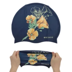Unique Bargains Silicone Waterproof Floral Printed Swim Cap Navy Blue Orange 1 Pc -Outdoor Sports Series GUEST 21ee7f4f 3e65 4763 978b 415bed517c3d