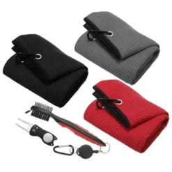 Unique Bargains Microfiber Waffle Golf Towels 3 Pcs With Club Cleaning Brush And Divot Tool 16"x16" -Outdoor Sports Series GUEST 24dd0427 f130 43af 906c 66c0cd60db1e