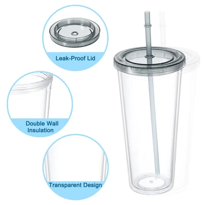 Unique Bargains Double Wall Acrylic With Lid And Straw Clear Tumbler 2 Unique Bargains Double Wall Acrylic With Lid And Straw Clear Tumbler - Image 2
