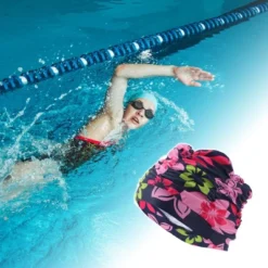 Unique Bargains Polyester Flower Pattern Swim Cap 5.91"x9.25" Navy Blue Red 1 Pc