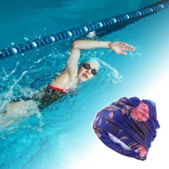 Unique Bargains Polyester Leaves Pattern Swim Cap 5.91"x9.25" Blue Pink 1 Pc