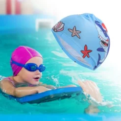 Unique Bargains Kid's Polyester Sharks Pattern Swim Cap Blue 1 Pc