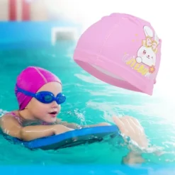 Unique Bargains Kid's Knitted PU Cartoon Rabbit Swim Cap Pink 1 Pc