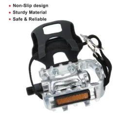 Unique Bargains Bicycle Pedals 9/16'' Spindle Platform With Toe Clips Fixed Foot Strap Cycling Parts Black Silver Tone 1 Pair