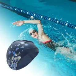 Unique Bargains Silicone Waterproof Floral Print Swim Cap Navy Blue White 1 Pc