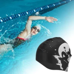 Unique Bargains Silicone Moon Mermaid Pattern Waterproof Swim Cap Black White 1 Pc