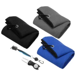 Unique Bargains Microfiber Waffle Golf Towels 3 Pcs With Club Cleaning Brush And Divot Tool 16"x16" -Outdoor Sports Series GUEST 7835f7da 95ad 4307 ba46 e76567055e2f