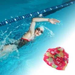 Unique Bargains Polyester Rose Pattern Swim Cap 5.91"x9.25" Rose Red Yellow 1 Pc