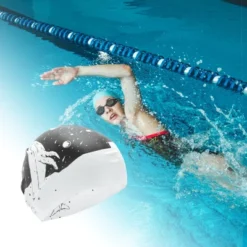 Unique Bargains Silicone Waterproof Kunpeng Print Swim Cap Black White 1 Pc