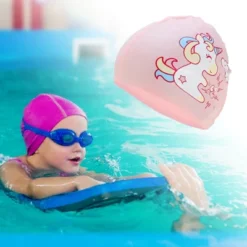 Unique Bargains Kid's Silicone Rainbow Horses Swim Cap Light Pink 1 Pc