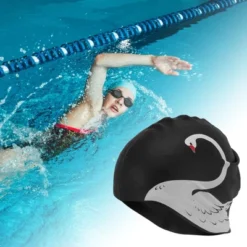 Unique Bargains Silicone Swans Pattern Swim Cap 1 Pc