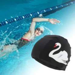 Unique Bargains Nylon Swans Print Swim Cap Black White 1 Pc