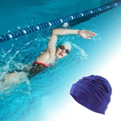 Unique Bargains Polyester Heart Pattern Swim Cap 5.91"x9.25" Blue Red 1 Pc