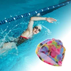 Unique Bargains Polyester Flower Pattern Swim Cap 5.91"x9.25" Pink Blue Yellow 1 Pc