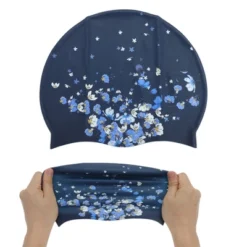 Unique Bargains Silicone Waterproof Floral Print Swim Cap Navy Blue White 1 Pc -Outdoor Sports Series GUEST b811d6da 6f8d 4f7e 893b 8b25209f48bf