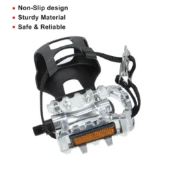 Unique Bargains Bicycle Pedals 1/2'' Spindle Platform With Toe Clips Fixed Foot Strap Cycling Parts Black Silver Tone 1 Pair