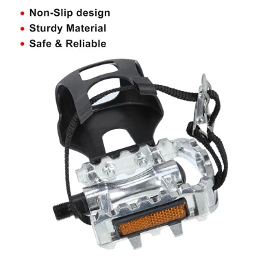 Unique Bargains Bicycle Pedals 1/2'' Spindle Platform With Toe Clips Fixed Foot Strap Cycling Parts Black Silver Tone 1 Pair 1 Unique Bargains Bicycle Pedals 1/2'' Spindle Platform With Toe Clips Fixed Foot Strap Cycling Parts Black Silver Tone 1 Pair