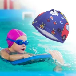 Unique Bargains Kid's Polyester Car Pattern Swim Cap Blue Red 1 Pc