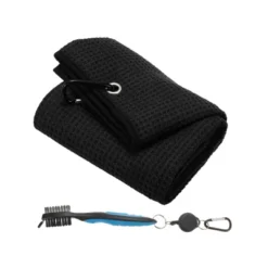 Unique Bargains Microfiber Waffle Tri-Fold Golf Towel With Groove Brush 1 Set 20"x16" Black Blue -Outdoor Sports Series GUEST c5edee28 1eac 4681 9980 22bcb7279ae2