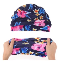 Unique Bargains Polyester Flower Pattern Swim Cap 5.91"x9.25" Navy Blue Pink 1 Pc -Outdoor Sports Series GUEST ce1cb29c b609 43cc a1de 6c9e22cec44d