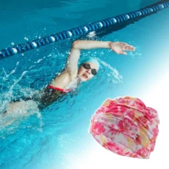 Unique Bargains Polyester Flower Pattern Swim Cap 5.91"x9.25" Pink White 1 Pc