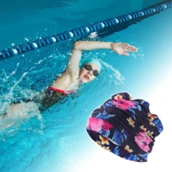 Unique Bargains Polyester Flower Pattern Swim Cap 5.91"x9.25" Navy Blue Pink 1 Pc