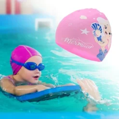 Unique Bargains Kid's Silicone Mermaid Pattern Swim Cap Rose Pink 1 Pc