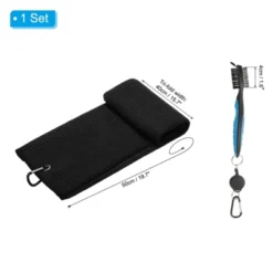 Unique Bargains Microfiber Waffle Tri-Fold Golf Towel With Groove Brush 1 Set 20"x16" Black Blue