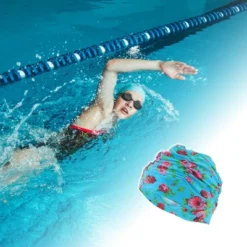 Unique Bargains Polyester Peony Flower Pattern Swim Cap 5.91"x9.25" Lake Blue Red 1 Pc