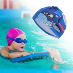 Unique Bargains Kid's Polyester Shark Pattern Swim Cap Purple White 1 Pc